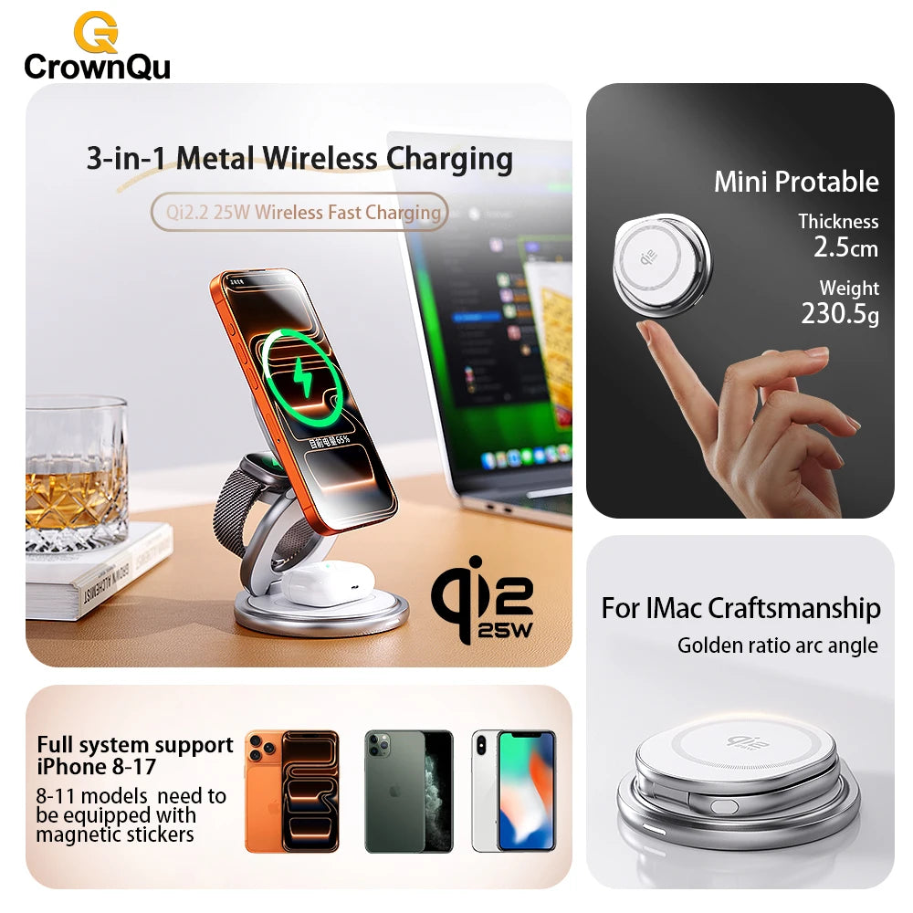 Qi2.2 25W Metal Wireless Charger - Portable Fast Charging Station with 360° Rotation for iPhone 17/16/15/14 Pro Max, Apple Watch, and AirPods