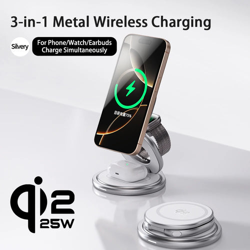 Qi2.2 25W Metal Wireless Charger - Portable Fast Charging Station with 360° Rotation for iPhone 17/16/15/14 Pro Max, Apple Watch, and AirPods