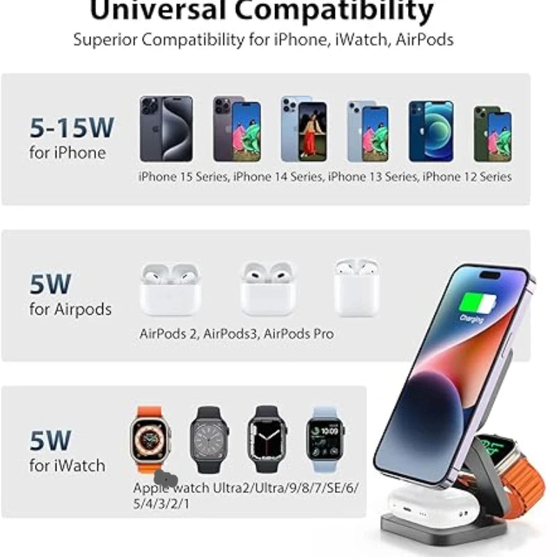 3 in 1 Magnetic Foldable Wireless Charger Stand for Iphone 15 14 13 12 Apple Watch 8 7 Airpods Pro Fast Charging Dock Station
