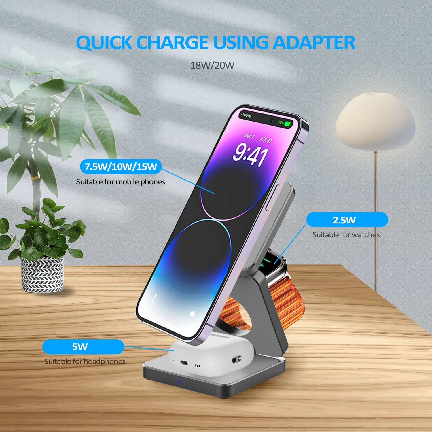3 in 1 Magnetic Foldable Wireless Charger Stand for Iphone 15 14 13 12 Apple Watch 8 7 Airpods Pro Fast Charging Dock Station