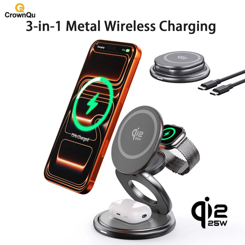 Qi2.2 25W Metal Wireless Charger - Portable Fast Charging Station with 360° Rotation for iPhone 17/16/15/14 Pro Max, Apple Watch, and AirPods