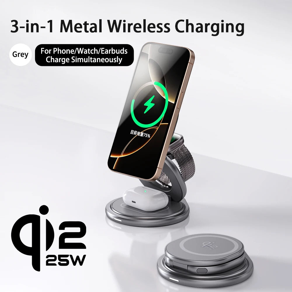 Qi2.2 25W Metal Wireless Charger - Portable Fast Charging Station with 360° Rotation for iPhone 17/16/15/14 Pro Max, Apple Watch, and AirPods